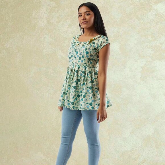Light Green Printed Short Top with Collar | Muvvas Boutique - Picture 1 of 4